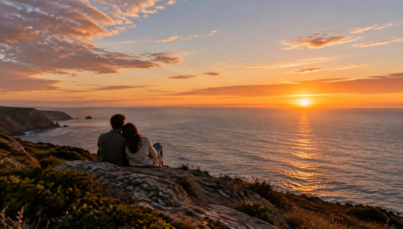 Casal contemplando o pôr do sol diante do mar